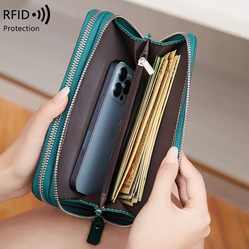 Western RFID Blocking Multifunction Double Zipper PU Leather Women Wallet Large Capacity Detachable Strap Purse for Ladies