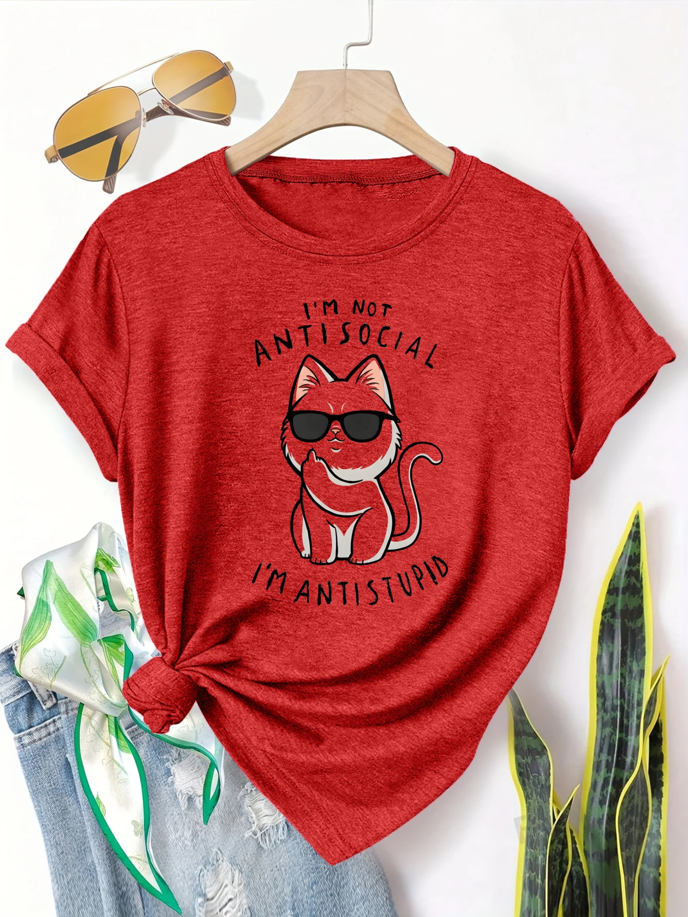

Plus size women's short sleeve T-shirt I'm Not Antisocial I'm Antistupid Cat Spring and Summer Essentials summer outfits
