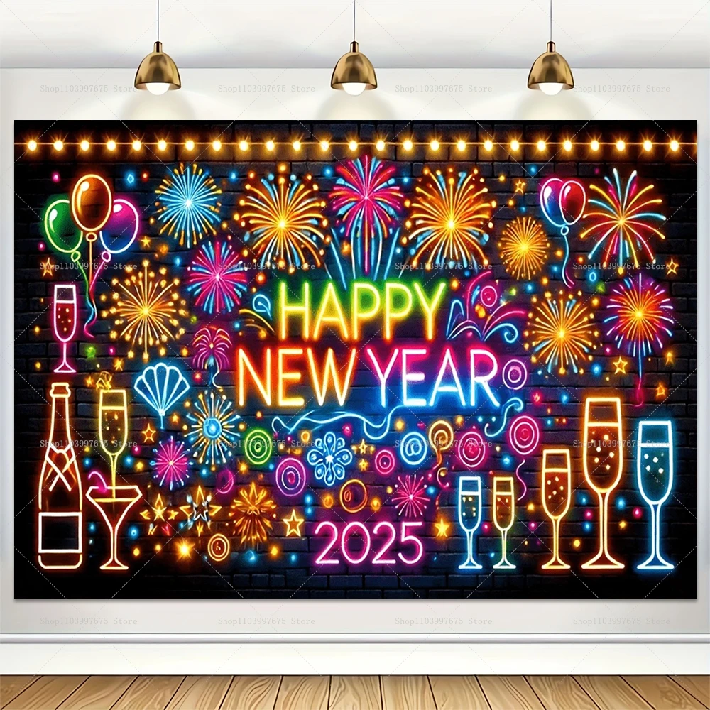 2025 Happy New Year Backdrop Neon Glow Graffiti Family Celebrate Party Portrait Background Wall Decor Banner Photo Booth Props