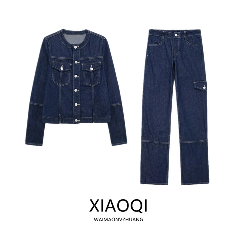 Spring Summer 2024 Women's Versatile High Waist Casual Denim Jacket Outerwear Matching Jeans Set Fashionable Workwear