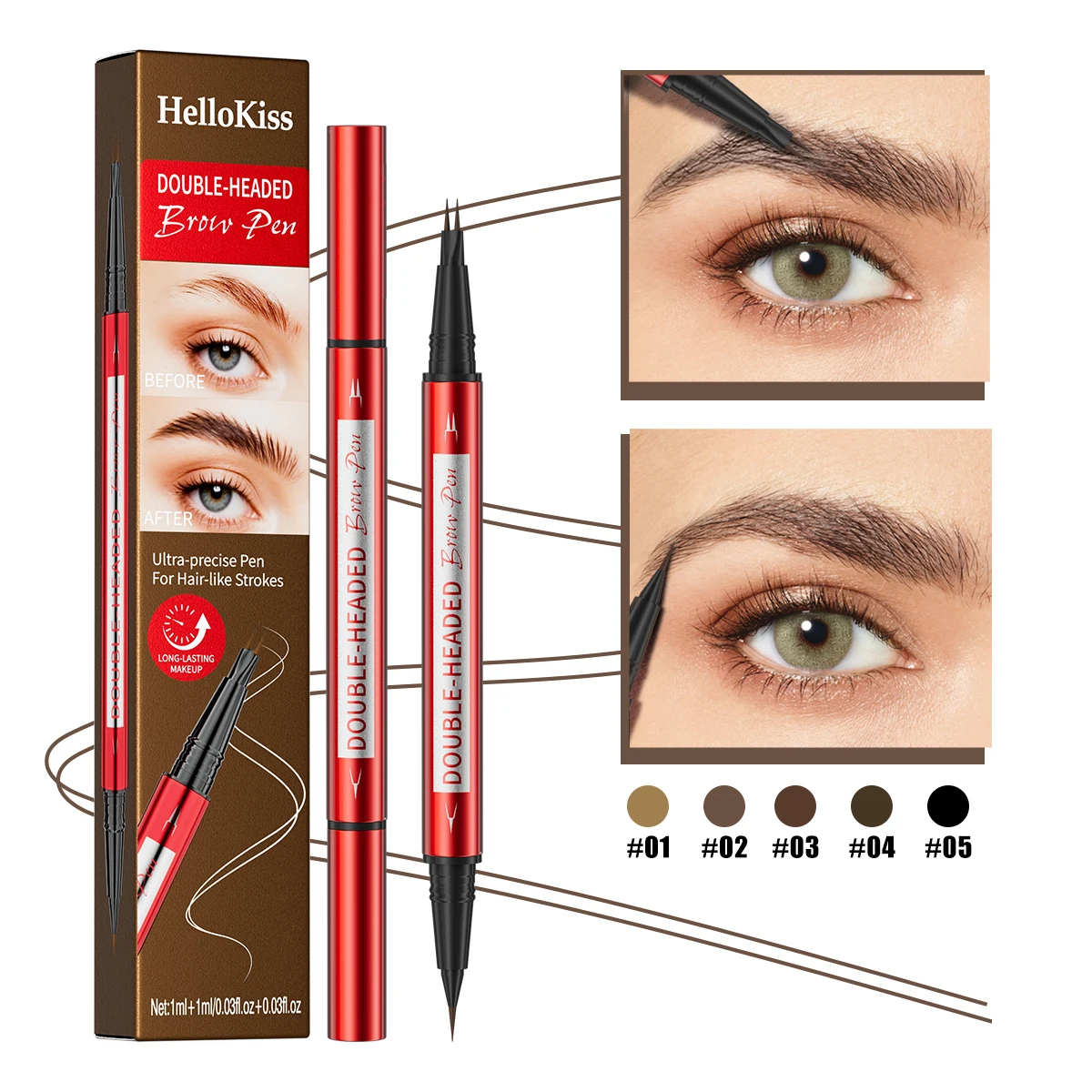 قلم حواجب مقاوم للماء، قلم حواجب Microblading برأسين مقسمين، مكياج حواجب ذو مظهر طبيعي (5 ألوان)