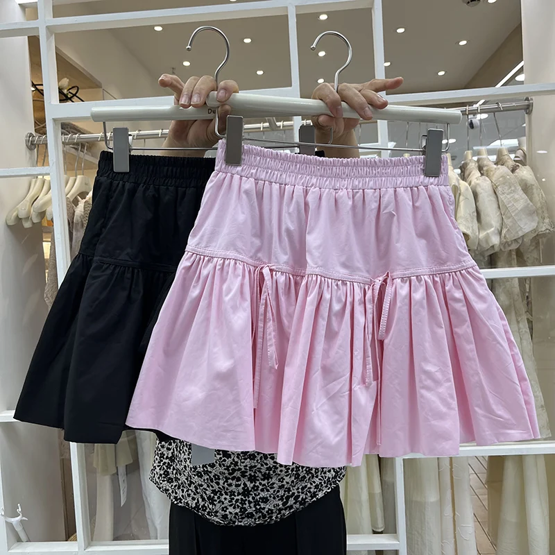 KUSAHIKI Sweetly Designed Lace Up Flower Fluffy Skirt with Elastic Waist Patchwork A-line Spicy Girl Style Short A-line Skirts