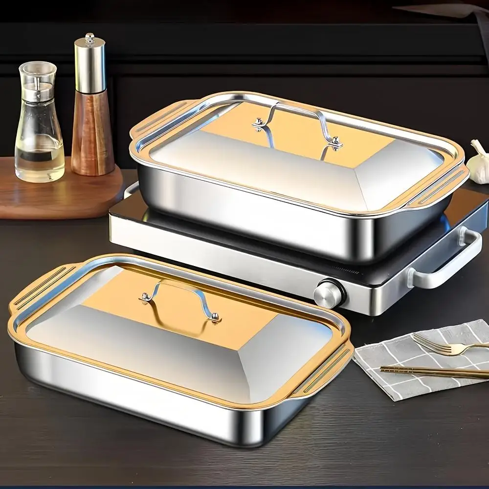 Stainless Steel Baking Pan with Lid, 1/2 Counts Multifunctional Rectangular Baking Pan, Baking Tray for Fish Seafood
