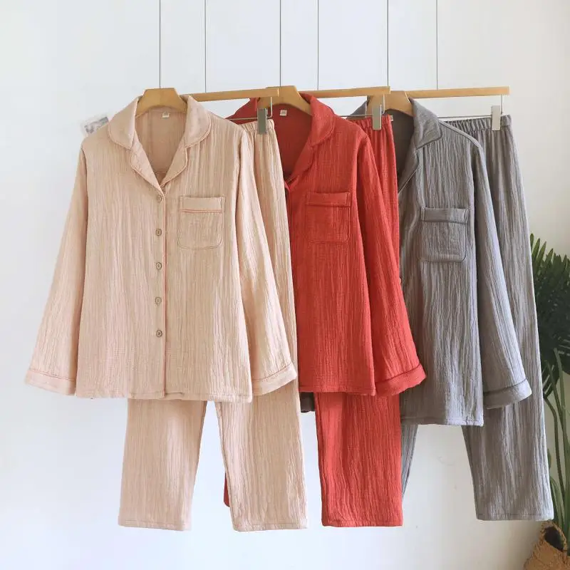 Women Small Grid Cotton Pajama Set Lapel Button Long Sleeve Shirt Pants Soft Breathable Gauze Loungewear Men Ladies Sleepwear