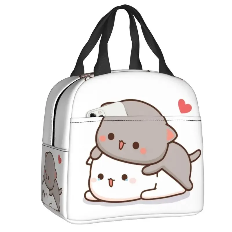 Peach And Goma Mochi Cat Tears Insulated Lunch Bag for Women Waterproof Thermal Cooler Lunch Tote Office Picnic Travel