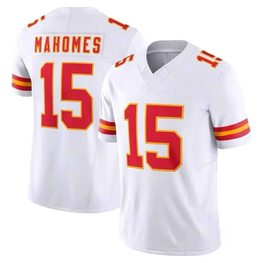 Men 15 Mahomes Red Home Football Jersey  Red Gold Striped Cuff V Neck Short Sleeve Breathable Fan Sports Uniform Family Matching