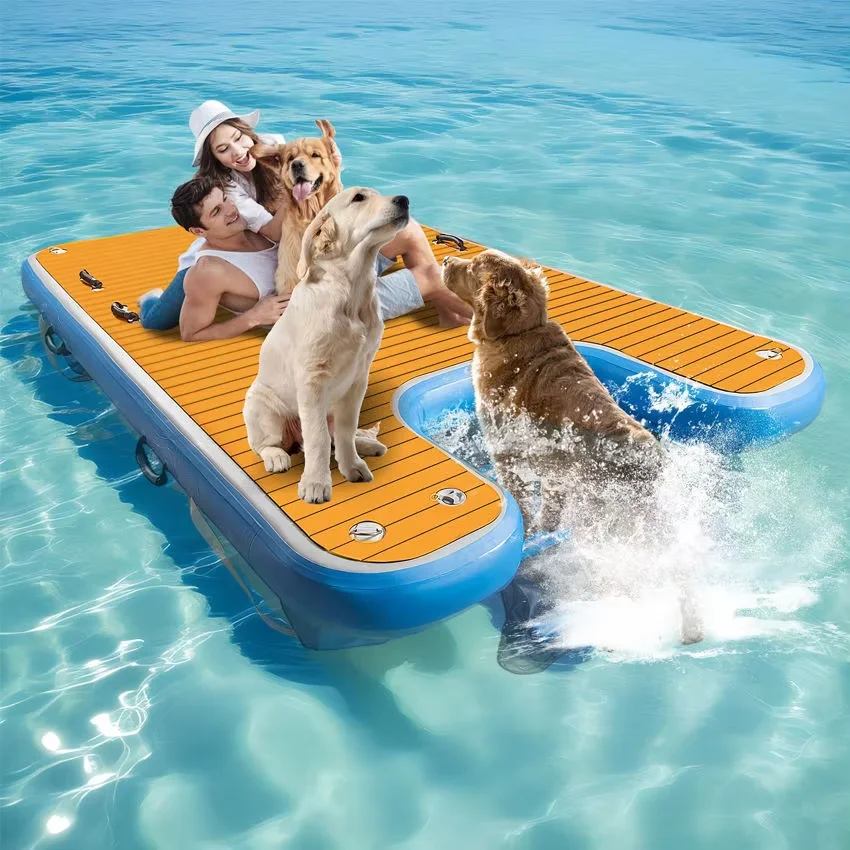 Custom outdoor water games: foldable ladder, pool pontoon, island platform, dog inflatable
