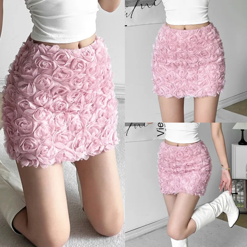 

Rose Short Skirt Women's 2024 Summer Petal Splicing Three Dimensional Sweet High Street Bag Hip Skirt Half Skirt Color Dress New