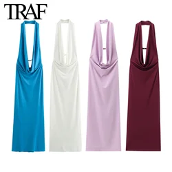 TRAF Women Fashion Summer New Sexy White Halter Folded Backless Sleeveless Long Dresses Chic Female Vintage Evening Dress