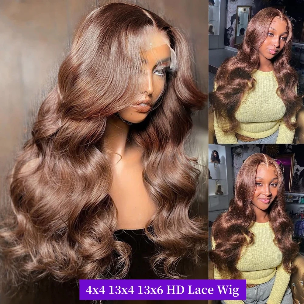 Chocolate Brown 13x4 Lace Frontal Human Hair Wigs Body Wave Transparent Preplucked Lace Front Human Hair Wig For Women