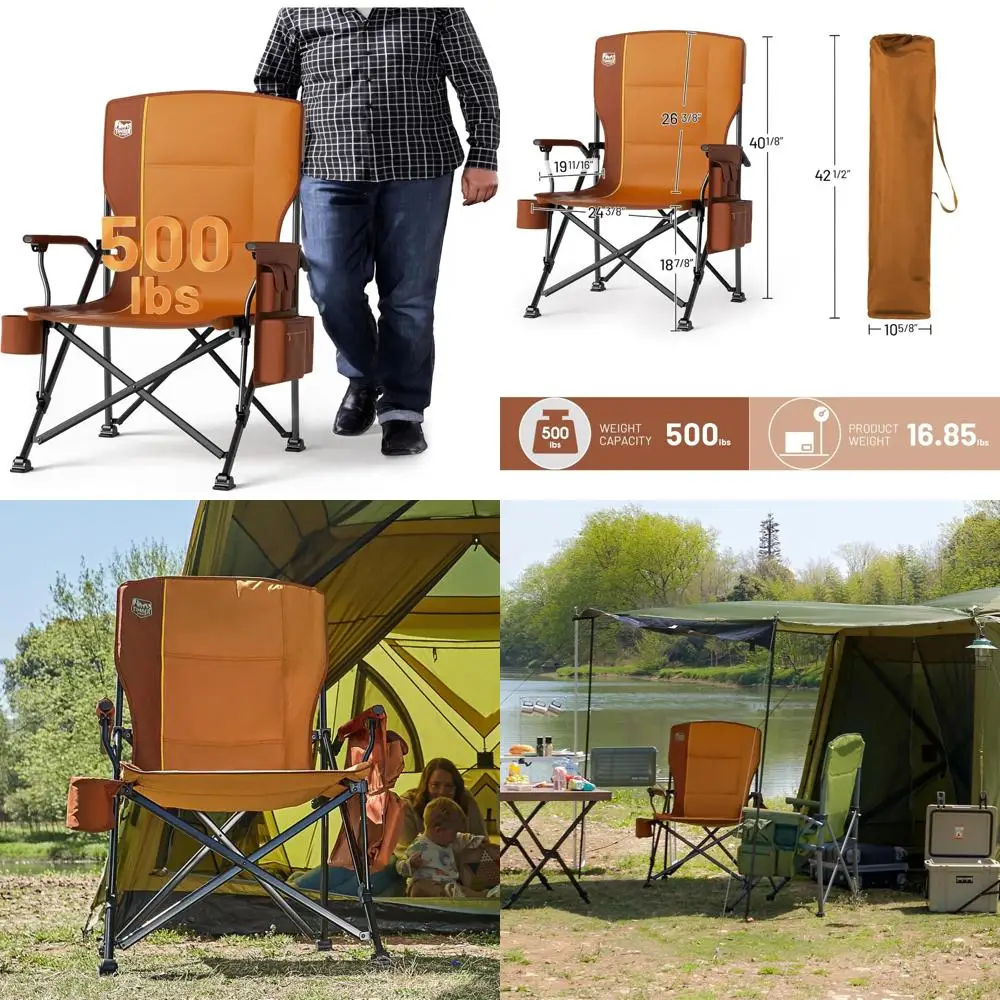 كرسي تخييم كبير الحجم قابل للطي عالي التحمل مع دعم خلفي عالي وحامل أكواب وجيب جانبي للبالغين حتى 500 رطل