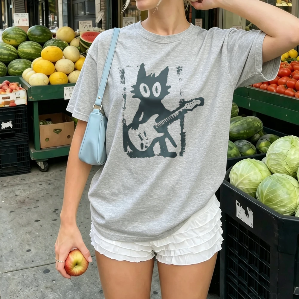 Rock Cat Playing Guitar Stamp Graphic T Shirt Women Retro Punk Kitten Print Tee Casual Round Neck Loose Streetwear Cat Lover Top