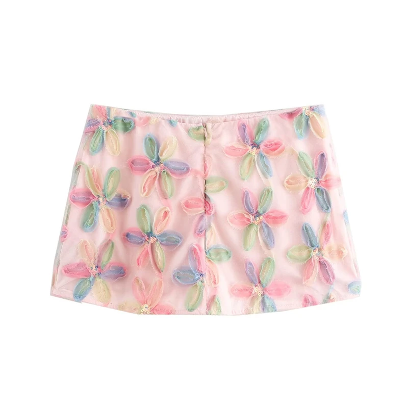 KEANKETIAN 2025 nuevo viento de vacaciones Color fresco estampado de flores Mini falda decoración de lentejuelas cremallera trasera falda pantalón dulce para mujer