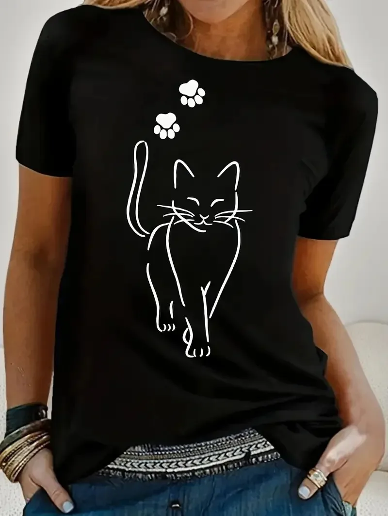 تي شيرت مطبوع عليه Fun Cat تي شيرت Cat للسيدات Kawaii تي شيرت بناتي كاجوال بأكمام قصيرة ورقبة مستديرة صيفي للسيدات