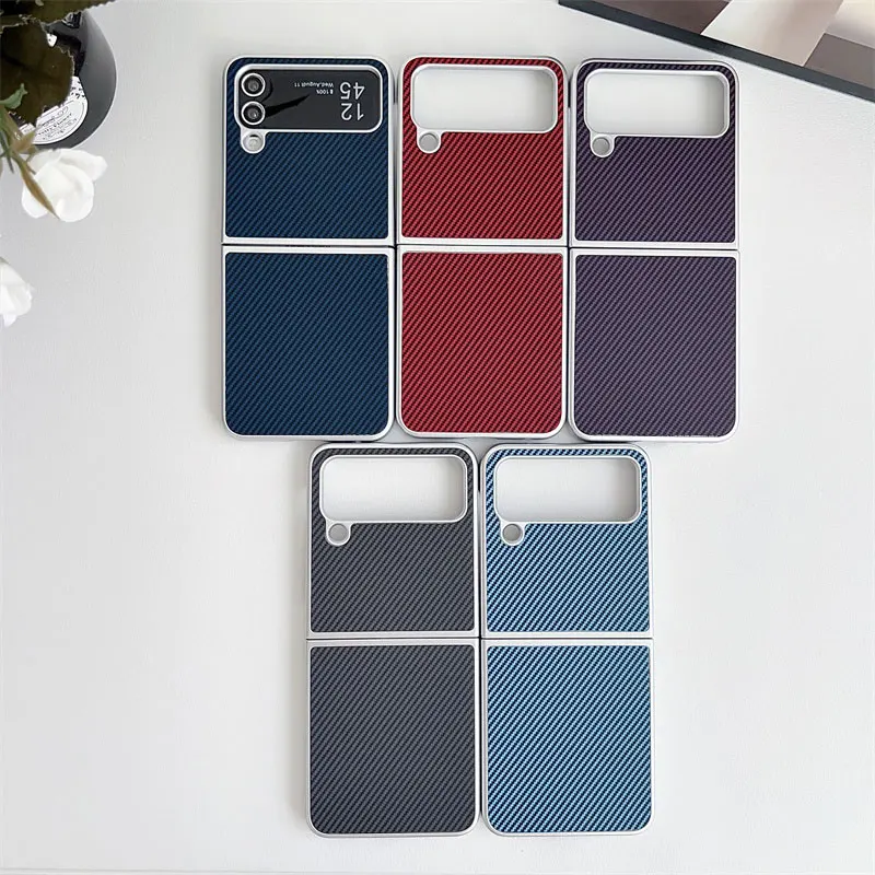 Carbon Fiber Leather Texture Case For Samsung Galaxy Z Flip 6 5 4 3 Flip6 5G Case Lmitation Kevlar Pattern Back Protective Cover