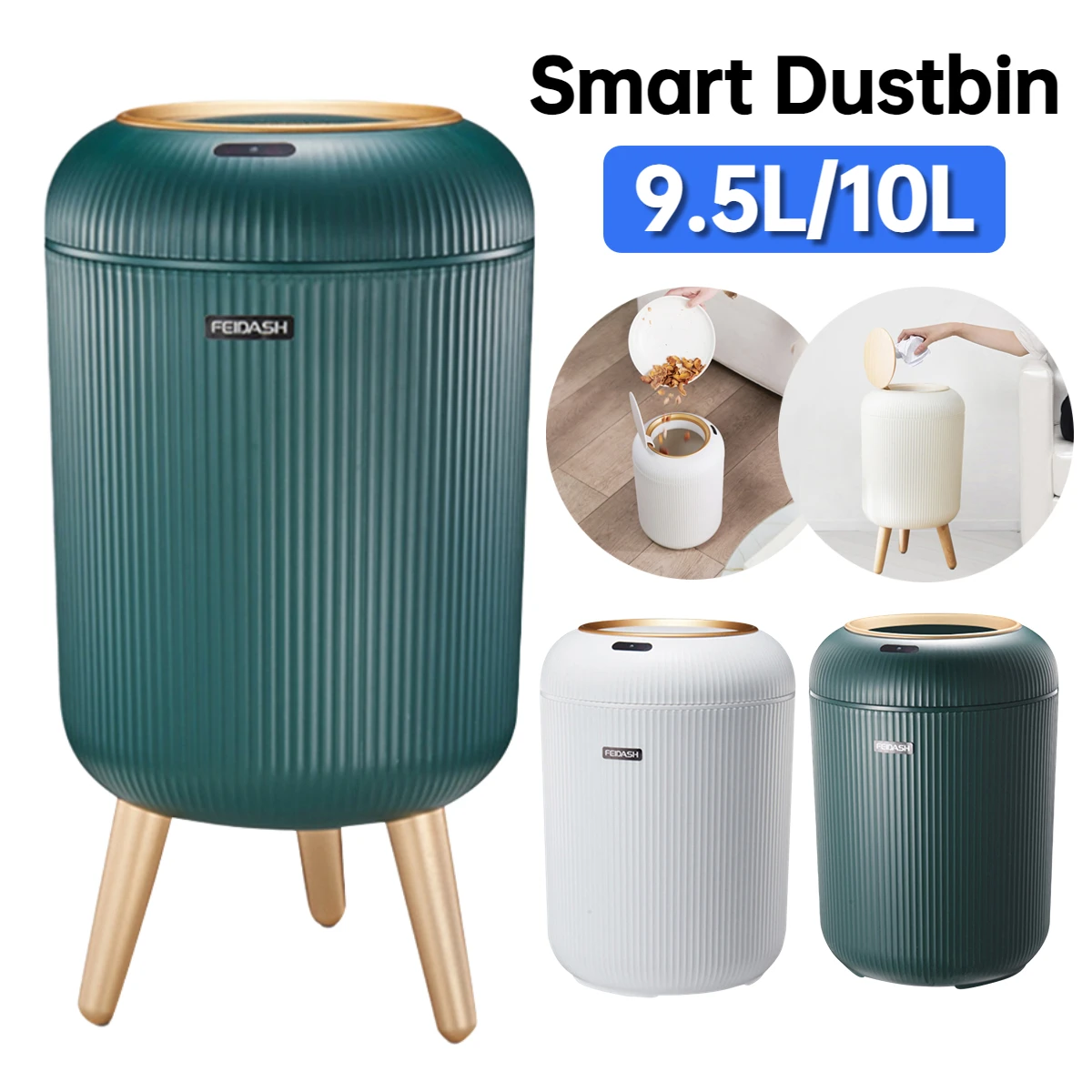 9.5L/10L Smart Dustbin Non-slip Footbed Automatic Sensor Wastebasket Trash Can Dispenser with Lid for Home Kitchen Trash Bin