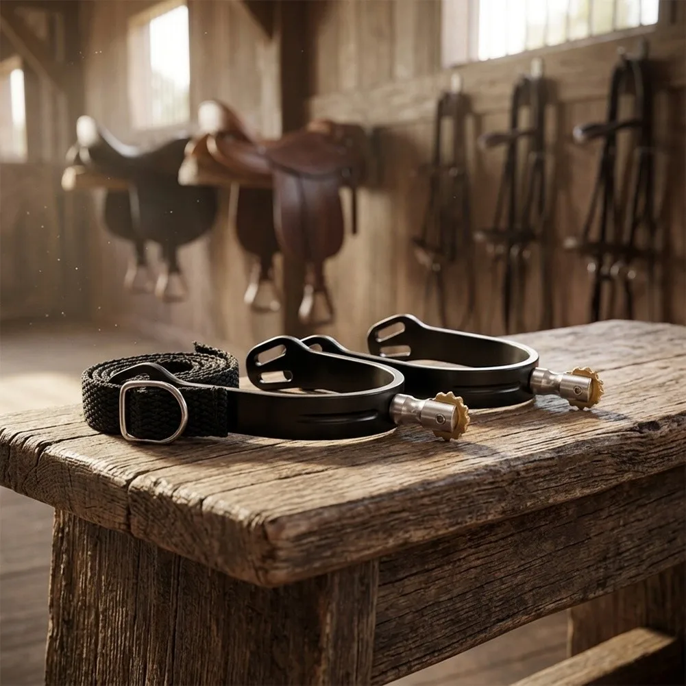 equestrian-spurs-constructed-from-aviation-aluminum-with-roller-action-copper-buckles-and-contoured-heel-support-design