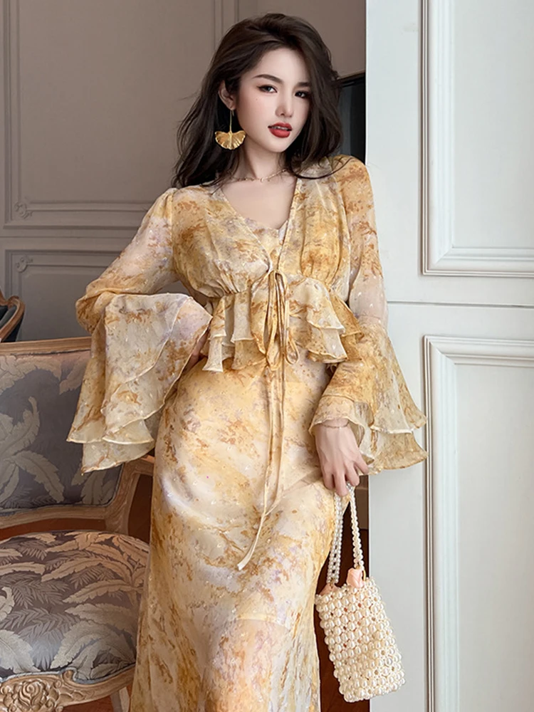 Celebrity Sweet 2-Pice Dress Set Women Yellow Chiffon Ruffles Bandage Jacket Tops Strap Maxi Robe Holiday Vacation Boho Outfits