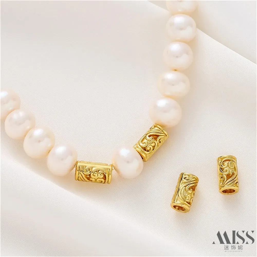 18K Sand Gold Hollow Round Long Cylindrical Beaded DIY Accessories Loose Beads Handmade Bracelets Necklaces Jewelry Materials