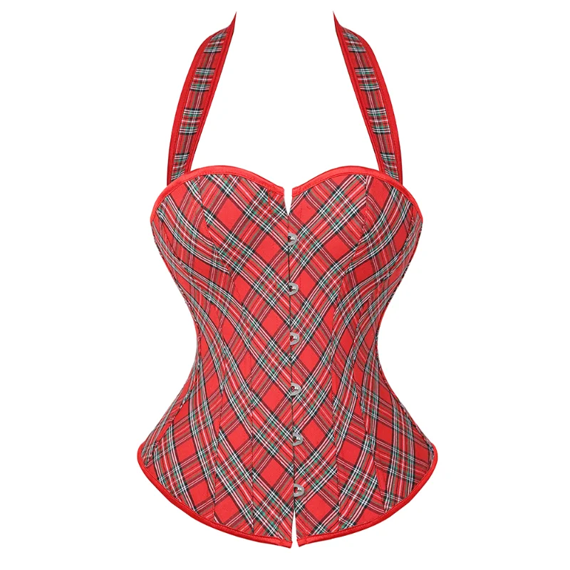 

Red Plaid Gothic Corset with Straps Women Sexy Lace up Overbust Corsets and Bustiers Burlesque Showgirls Halter Corset Plus Size