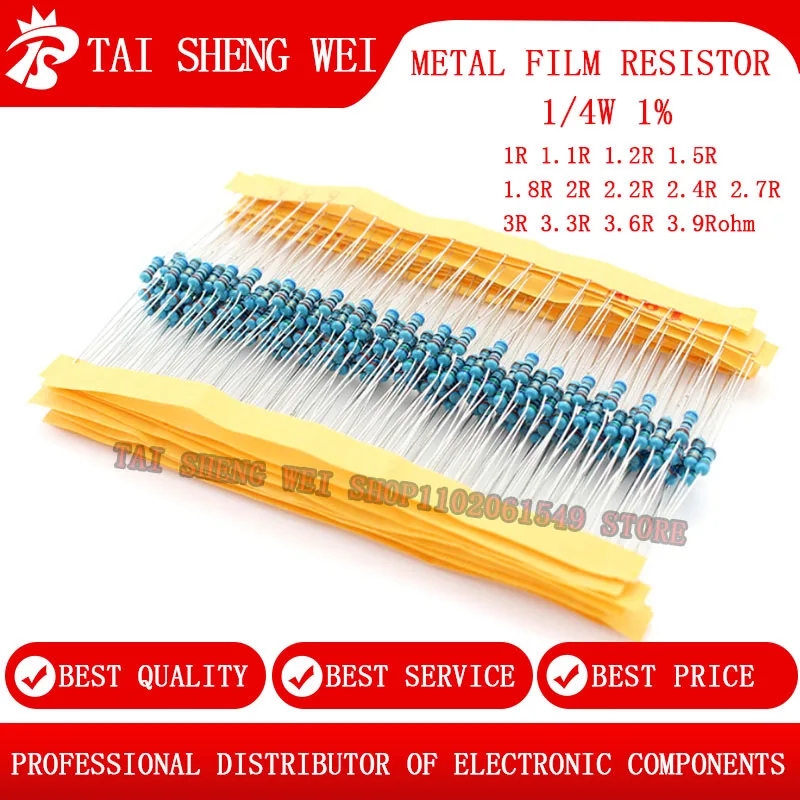 

100pcs 1/4W 1% Metal film resistor 1R 1.1R 1.2R 1.5R 1.8R 2R 2.2R 2.4R 2.7R 3R 3.3R 3.6R 3.9R 1ohm 2ohm 3ohm 3.9ohm resistance