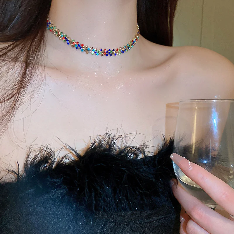 RAKOL Fashion Colorful Blue Green Rhinestone Choker Choker Necklace For Women Geometric Crystal Necklaces Party Weddings Jewelry