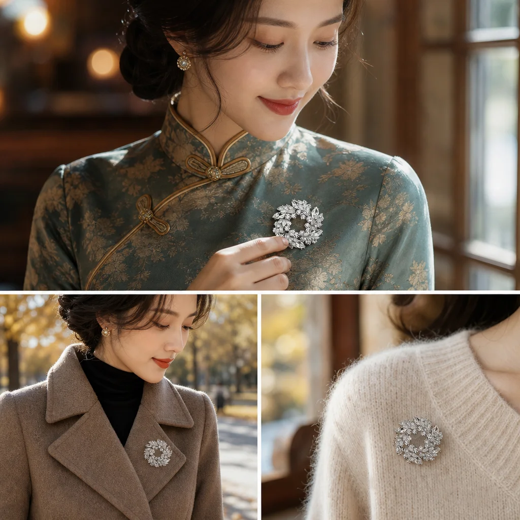 Copper Alloy Brooch Pin for Wedding Party Women Elegant Floral Wreath Jewelry Zirconia Safety Clasp for Coats Sweaters Gift