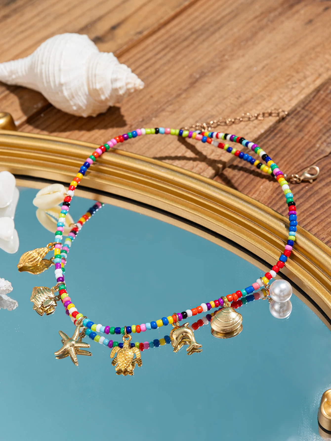 2024 trendy ocean style pendant and colorful rice bead necklace female elegant collarbone chain necklace