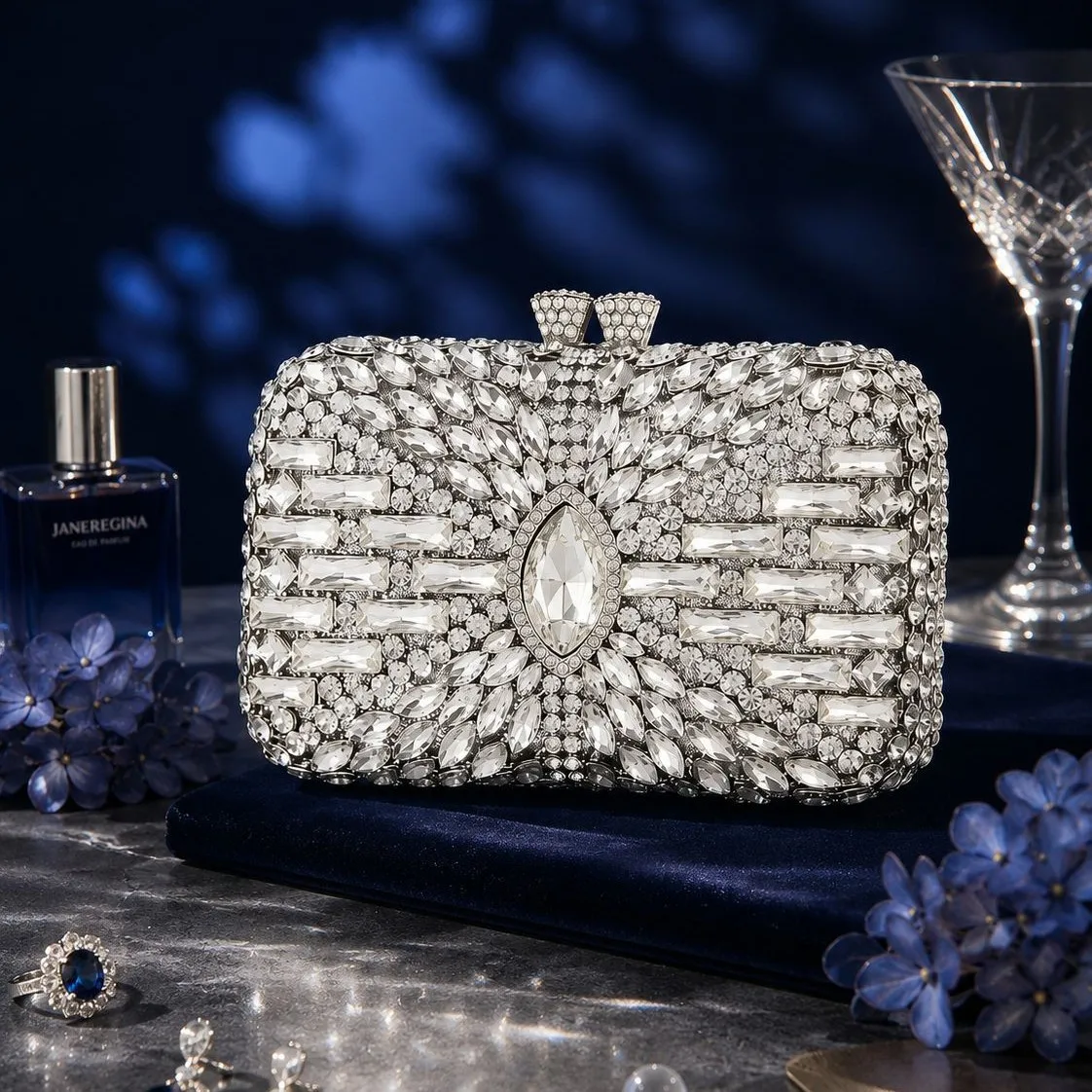 Silver Horse's Eye Rhinestone Rectangle Dinner Bag Full Diamond Rigid Box Bag Dress with Chain Crossbody Clutch Bag