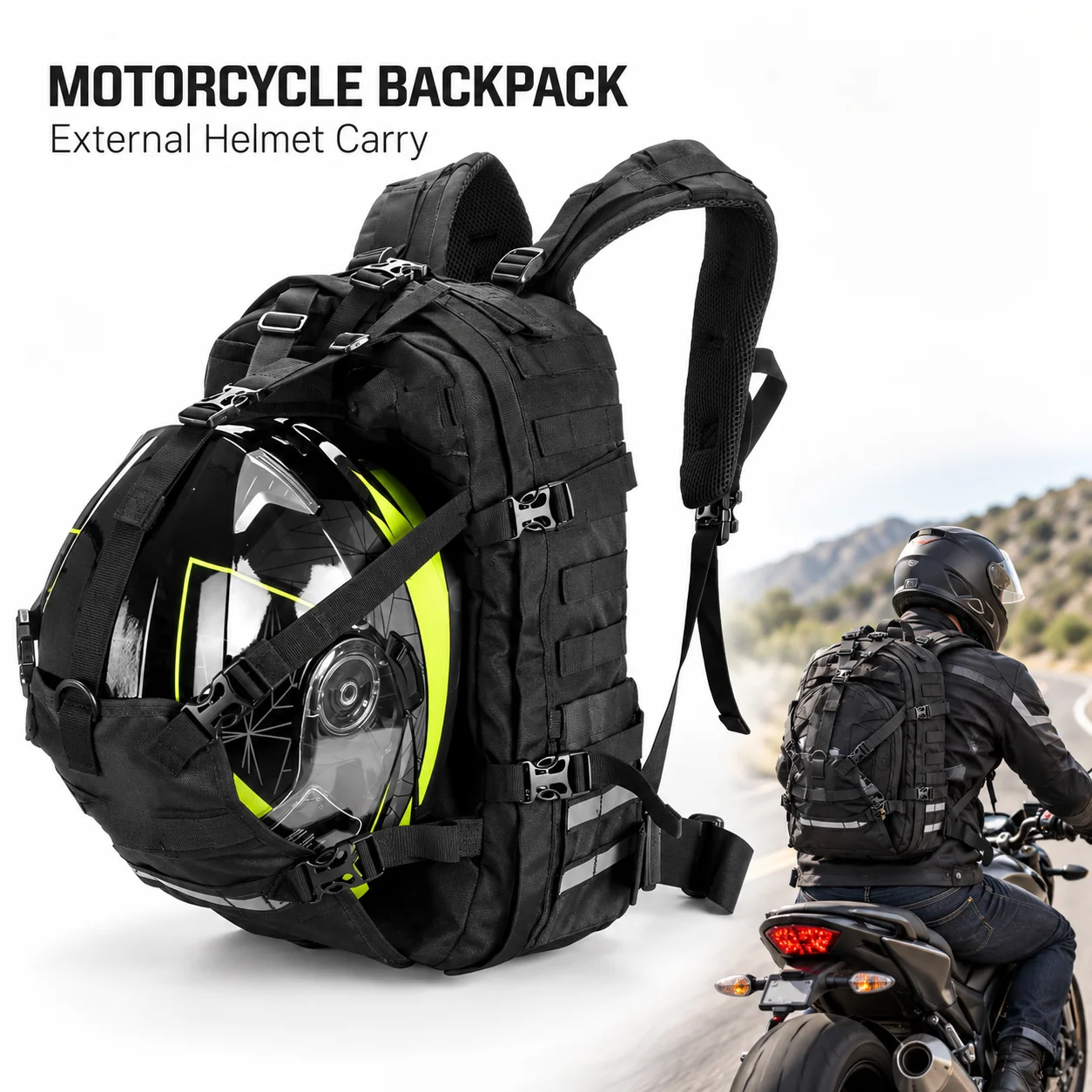 Motorcycle Helmet Backpack Waterproof Large Capacity Tactical Bag with External Helmet Holder for Riding Hiking Camping Trips
