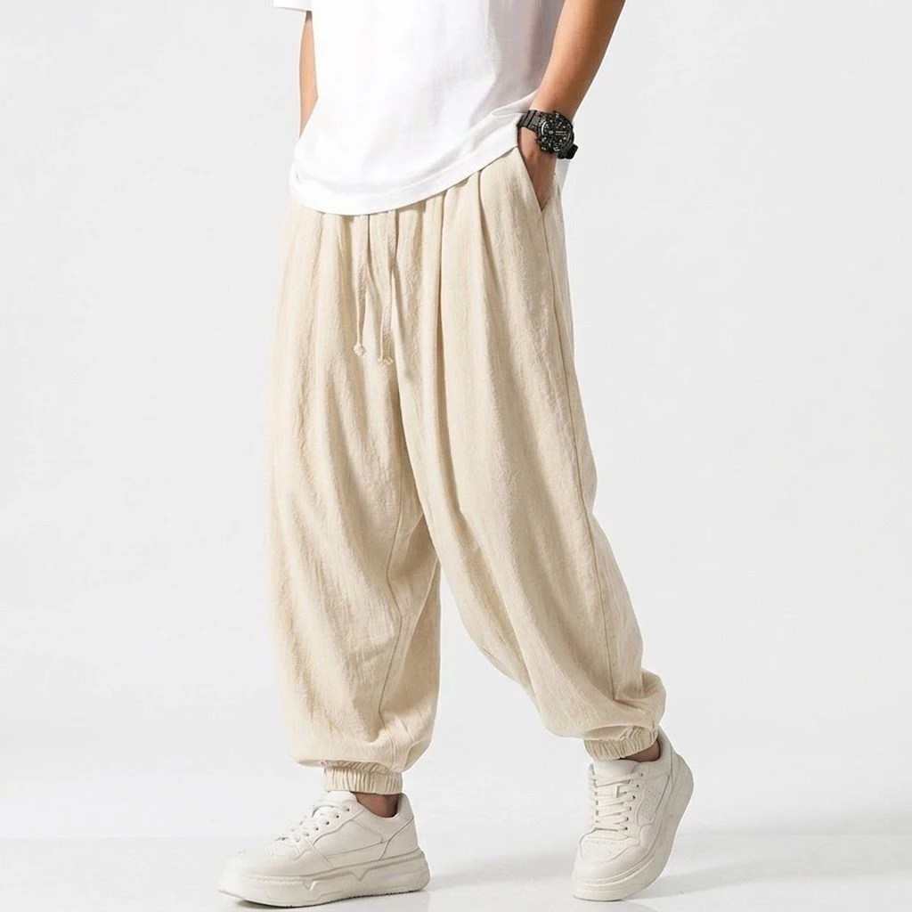 Mens Korean Harem Pants Solid Cotton Casual Joggers Breathable Sport Trousers Loose Fit Bottoms for Yoga Work Daily Streetwear