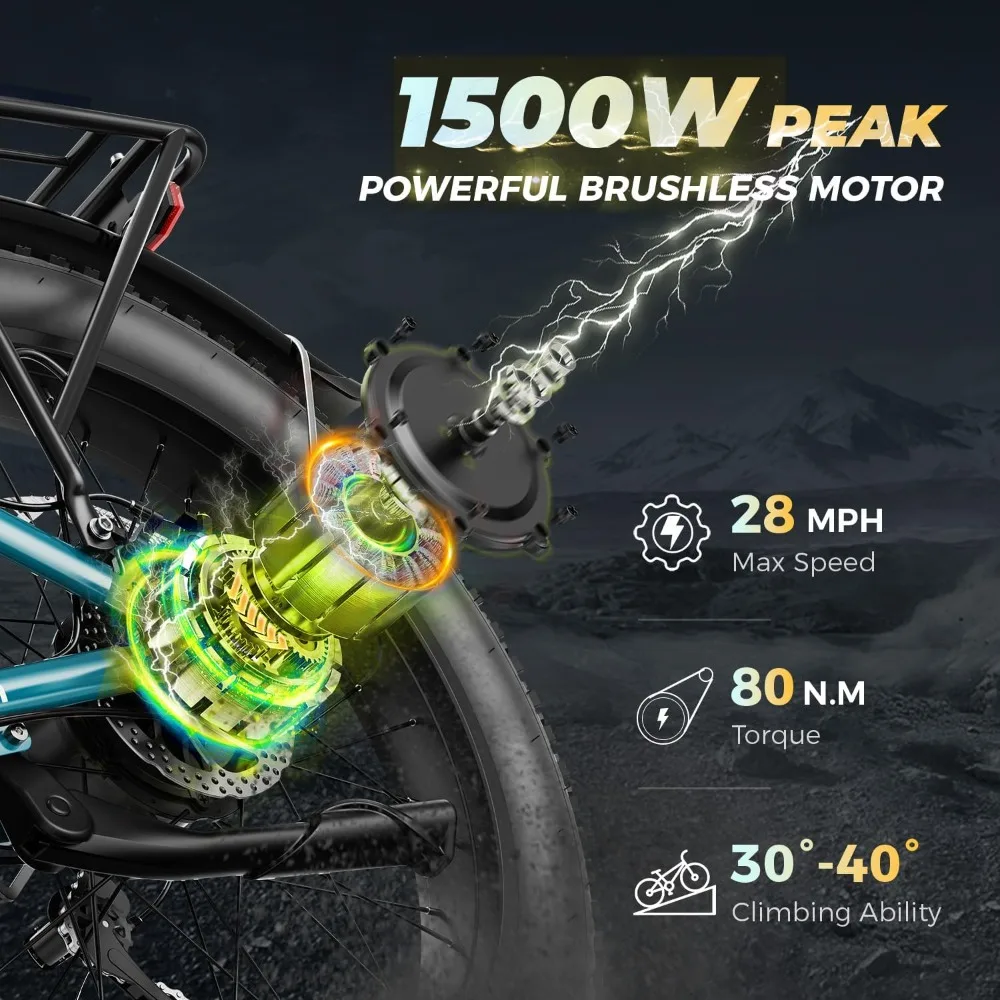 Electric Bike with 1500W Peak Motor, Max 60 Miles & 28MPH Ebike, 7 Speed, 26'' X 4.0'' Electric Mountain Bike with 480Wh Battery