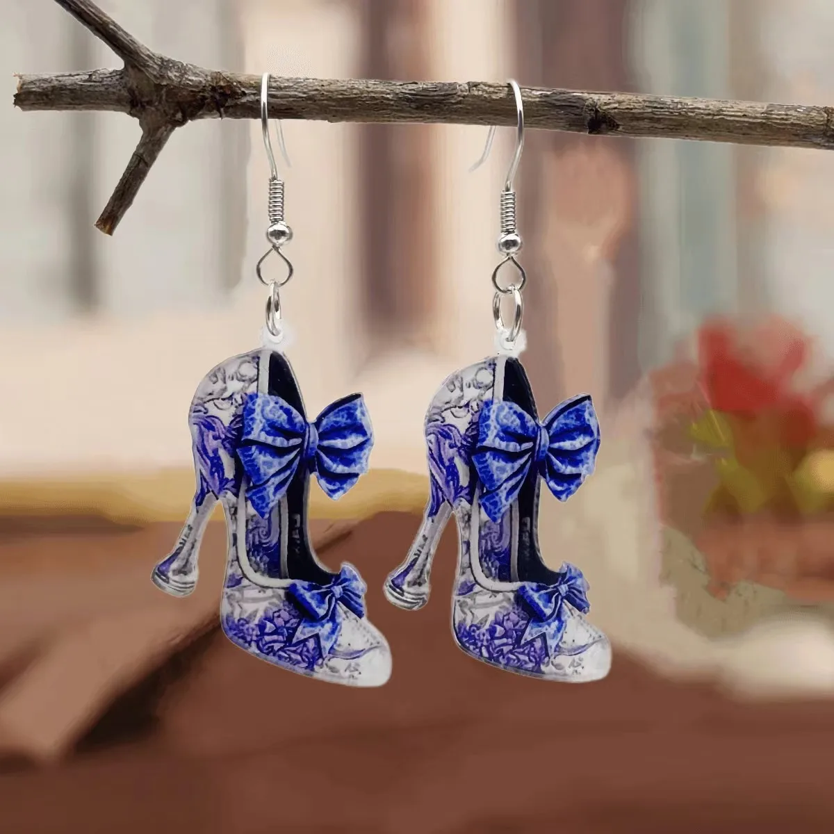 Acrylic Blue White Porcelain-Inspired High Heel Shoe Earrings  Handmade Russian Style Dangle Earrings for Women Lightweight