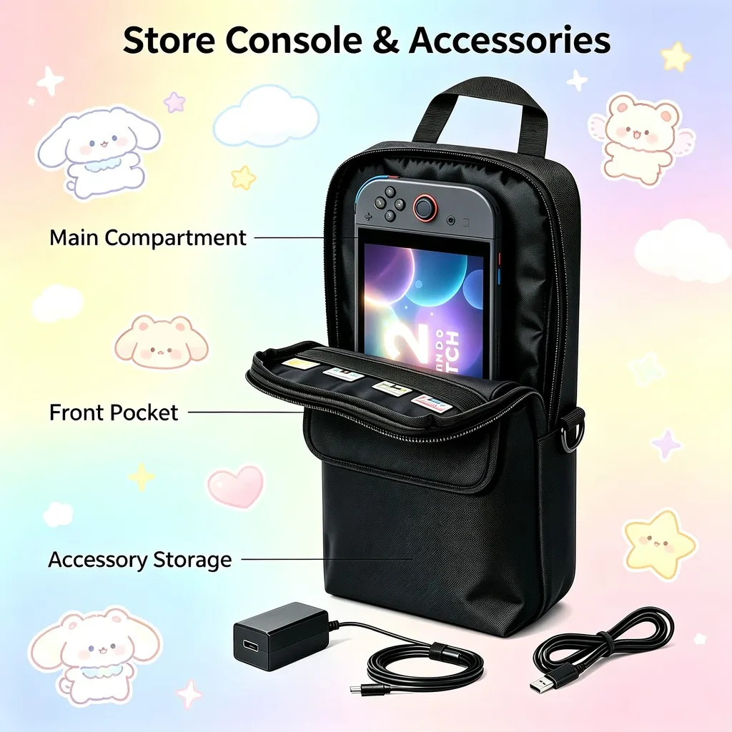 Game Console Carrying Case, Portable Crossbody Shoulder Bag with Front Pocket, Compatible with Switch 2 Steam Deck ROG Ally Legi