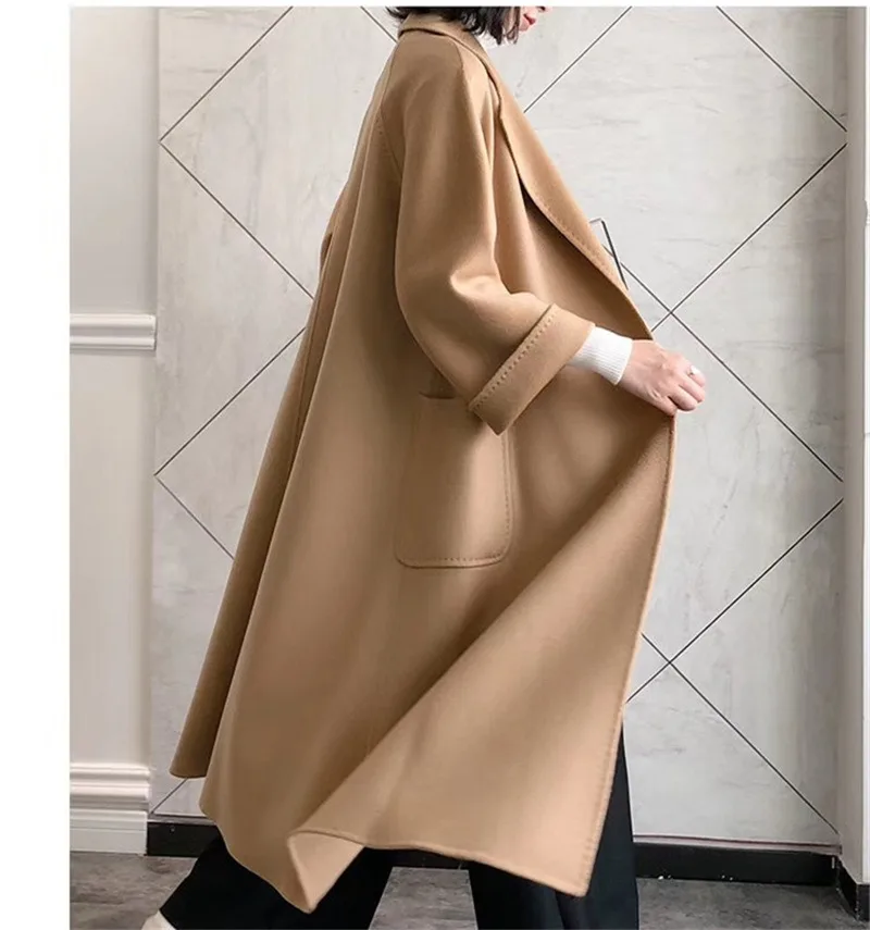 2023 Korean Women Handmade Corrugated Water Ripples Coat Double-sided Cashmere Wool Long Woolen Jacket Cashmere Coat Outerwear