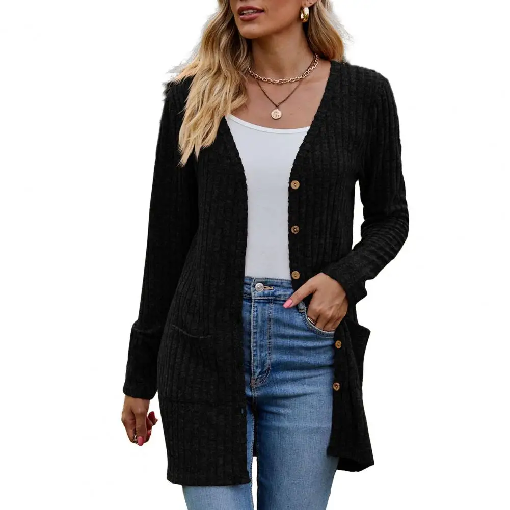 Winter Fall Women Cardigan Coat Knitted Single-breasted Sweater Elastic Pockets Warm Mid Length Lady Jacket Cardigan