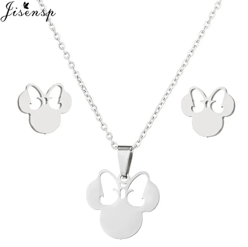 Cartoon Bowknot Mouse Stainless Steel Jewelry Set for Women Fashion Anime Animal Necklace Earrings Party Accessories