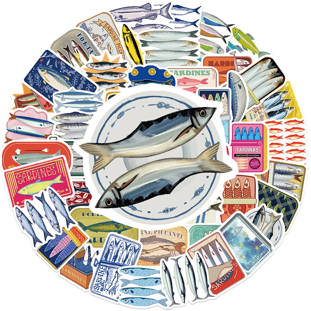 

10/30/50pcs Funny Sardine Can Graffiti Stickers Aesthetic Mediterranean Decals Skateboard Phone Guitar DIY Cartoon Sticker Decor
