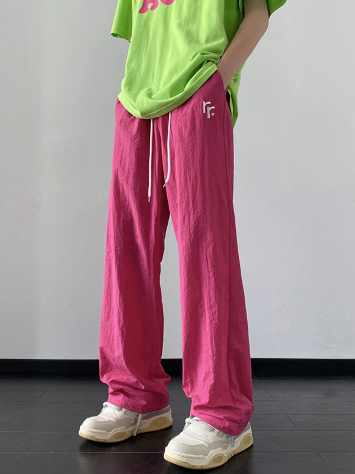 

Summer Men's Pink Ice Silk Drapey Qui Dry Sun Protection Straight Leg American Parachute Pants Casual Trousers High Waist