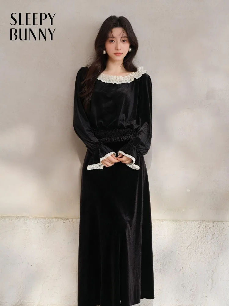 Retro Lace Trim Velvet Shirt and Midi Skirt Set for Women Lady Elegant Two Piece Outfit Spring Casual Chic Layered Look Style