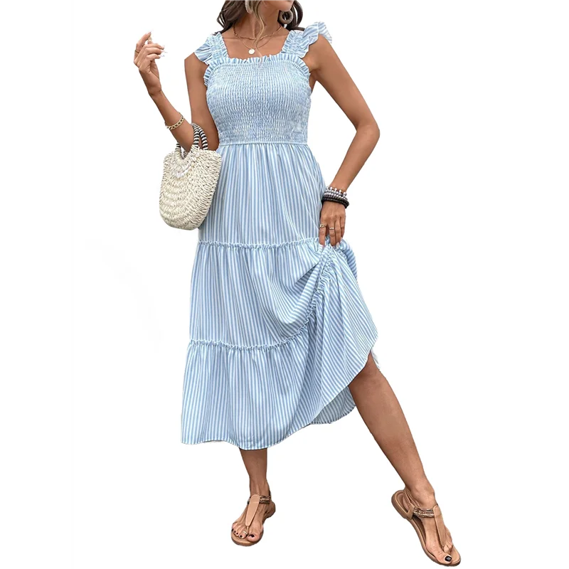 Nuevo vestido de playa bohemio a rayas de verano para mujer, vestido largo ahumado con volantes y tirantes finos