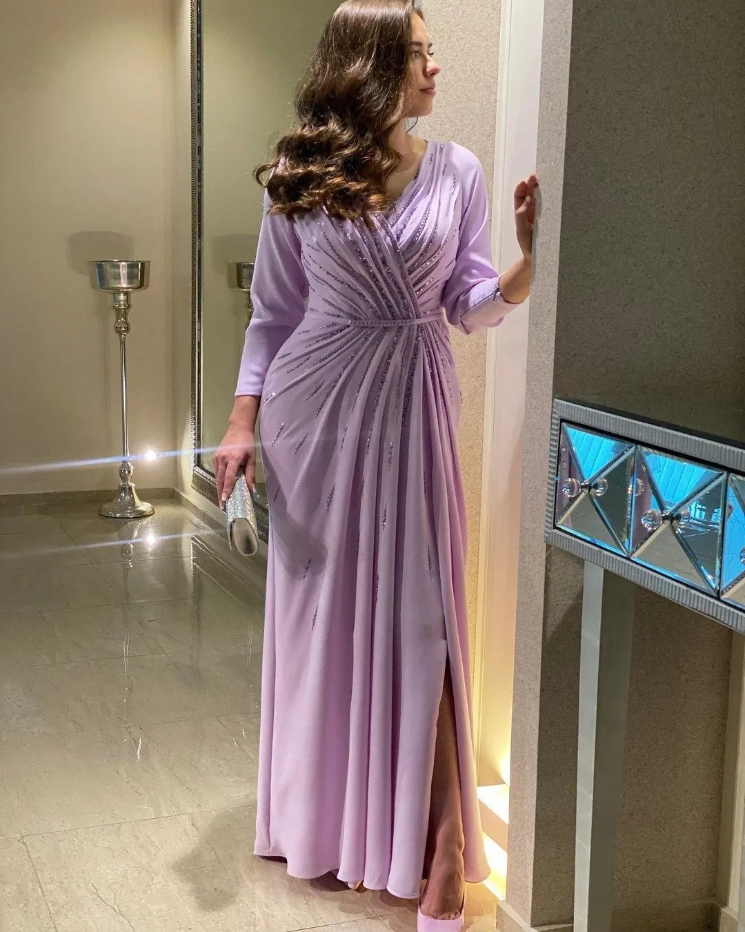 

Fashionvane Evening Gowns for Women Elegant Party Saudi Arabia V Neck Beaded Long Sleeves Prom Dresses Side Slit Wedding Guest