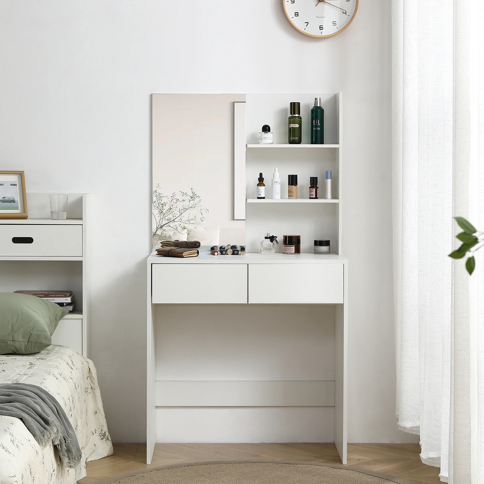 Dresser with mirror, dresser with 2 drawers and 3 layers of shelving, white, suitable for home bedroom