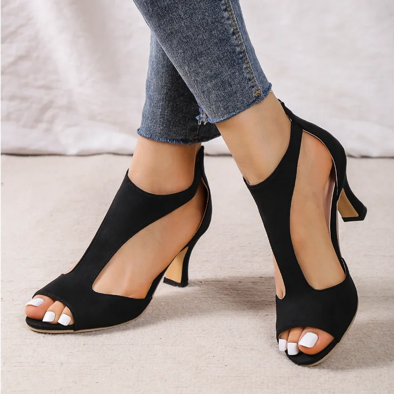 2023 Summer New Brushed Leather Fish Mouth Sandals Women\'s Back Zipper Sexy Solid Color Comfortable High Heel Single Shoes Women