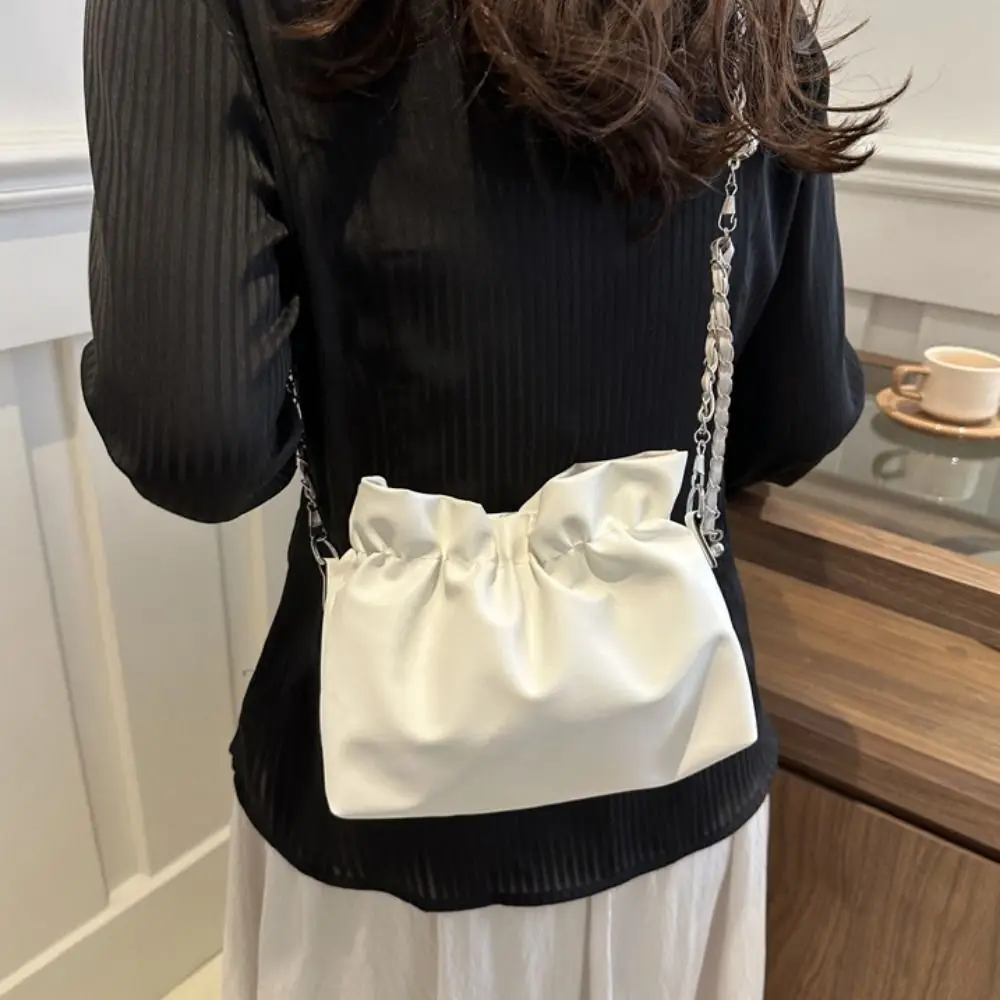 

Pure Color PU Leather Bucket Bag Bead Crossbody Bag Women's Tote Bag Large Capacity Chain Strap Ins Shoulder Bag Lady/Girls