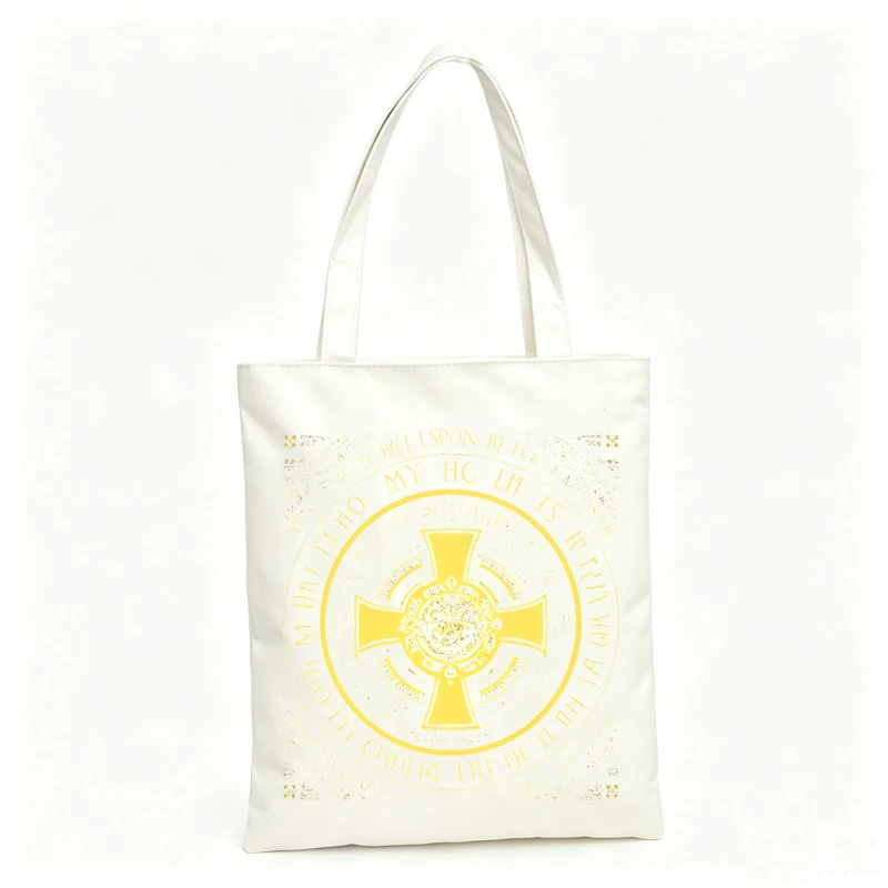 Women's canvas tote bag with cross and typography print, vintage style for casual shopping