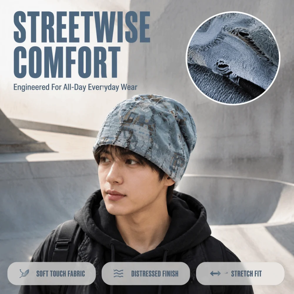 Unisex Warme Distressed Cracked Mütze Atmungsaktive Weiche Wintermütze Dünne Leichte Mütze mit Buchstabendruck für Outdoor – Detail 5