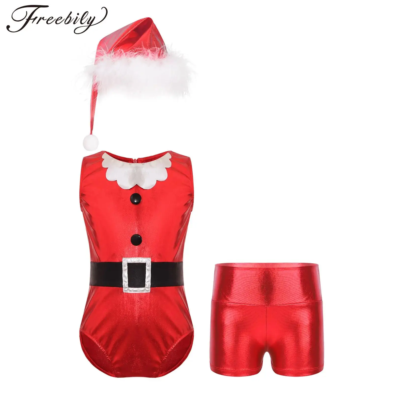 

Kids Girls Christmas Santa Claus Costume Shiny Metallic Gymnastics Leotard and Shorts Set Performance Ballet Dance Outfits