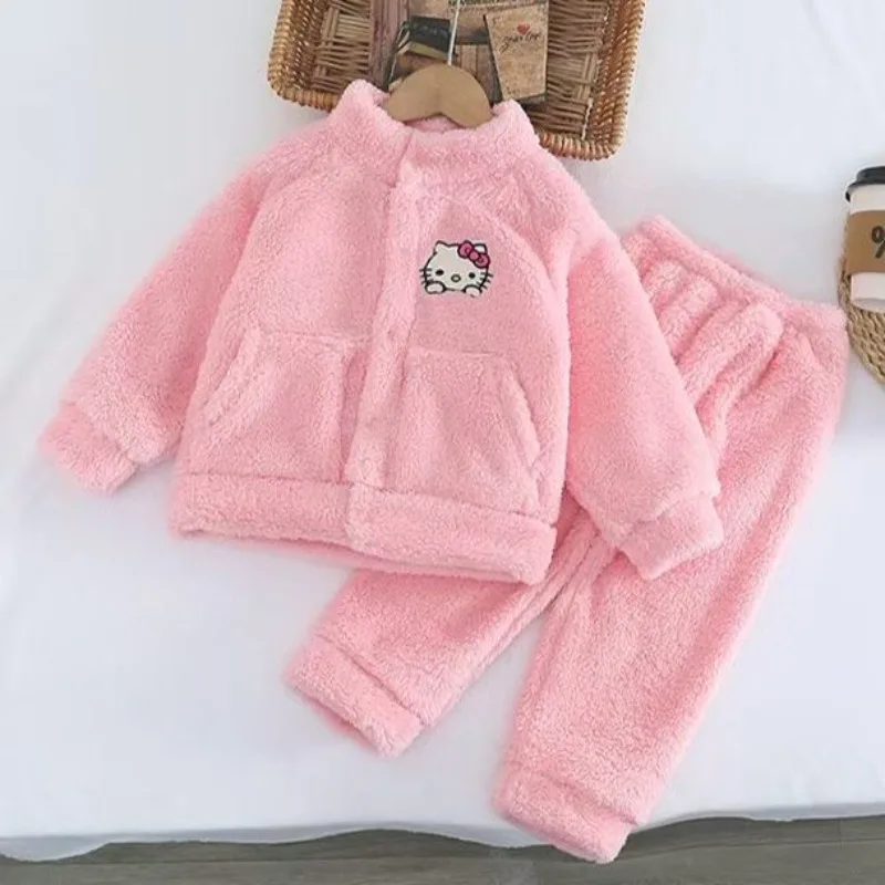 

Kawaii Hello Kitty Sanrio Children Cute Cartoon Comfortable Warm Pajamas Student Plush Hoodie Trousers Birthday Gift for Kids