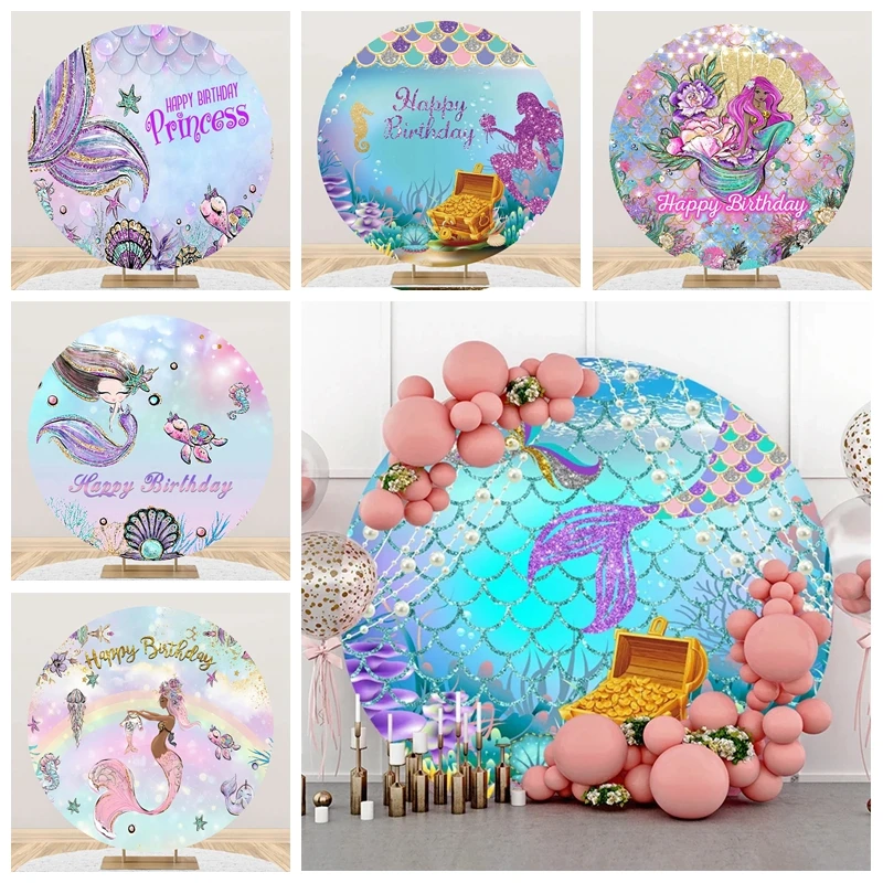 

Undersea Mermaid Round Backdrop Cover Baby Shower Kids Birthday Party Elasticity Circle Photography Background Photo Studio Prop